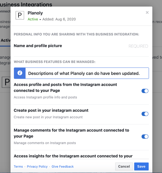business integrations toggles
